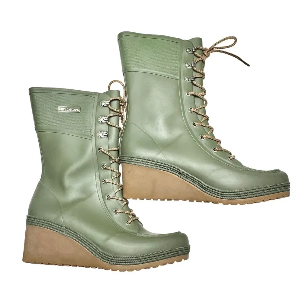 Tretorn | Women | Plask Moss Green Lace Up Wedge Rain Boots | EU 41 US 10